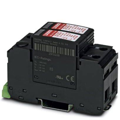 Ein schwarzer elektronischer Schalter oder Relaisgerät mit roten und weißen Etiketten oben. Geeignet zur Installation in Schalttafeln.