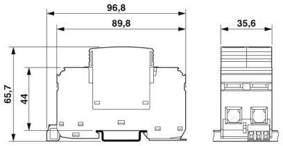 Eine technische Zeichnung eines Bauteils mit Abmessungen. Breite: 96,8 mm, Tiefe: 35,6 mm, Höhe: 65,7 mm.