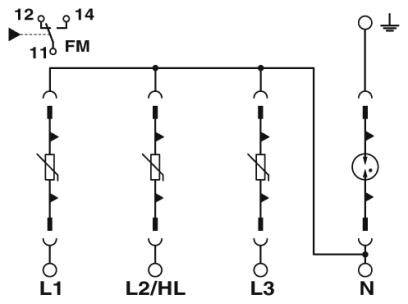 Schaltschema einer elektrischen Schaltung mit vier parallelen Leitungen L1, L2/HL, L3, N, Erdungssymbol und einem Schalter für 'FM'.
