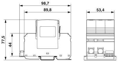 Technische Zeichnung eines elektrischen Geräts mit detaillierten Abmessungen: Breite 98,7 mm, Tiefe 53,4 mm, Höhe 77,5 mm.
