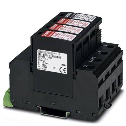 Elektrisches Schutzgerät für Überspannungsschutz, schwarzes Gehäuse, Labels mit technischen Spezifikationen, Seitenansicht.