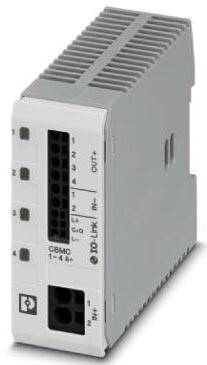Ein graues elektrisches Modul mit Anschlussklemmen und LED-Anzeigen. Verwendet für die Steuerung und Verteilung von elektrischem Strom.