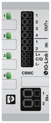 Io-Link-Modul mit vier grünen LED-Anzeigen, Nummernmarkierungen und Anschlüssen für Ein- und Ausgänge, Beschriftung 'CBMC'.
