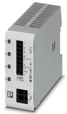 Ein graues, rechteckiges elektrisches Gerät mit mehreren Anschlüssen und kleinen LED-Anzeigen an der Vorderseite.