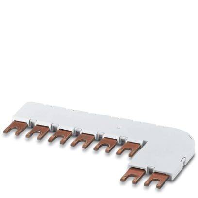 Kammbrücke aus Metall mit isolierendem Gehäuse, geeignet zur Verbindung von Sicherungen oder Schaltgeräten in einem Verteilerkasten.