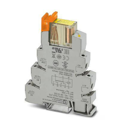 Ein elektronisches Relais mit Anschlussklemmen, Gehäuse aus grauem Kunststoff und orangenem Hebel oben. Markierungen und Diagramm sind auf der Vorderseite sichtbar.