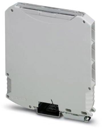 Ein graues, rechteckiges elektronisches Gerät mit Steckverbindungen an der Unterseite, verwendet zur Steuerung in industriellen Anwendungen.