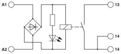 Elektronisches Schaltplan-Symbol: Gleichrichter, LED, Widerstand und Schalter verbunden. Terminals A1, A2, 13, 14 dargestellt.
