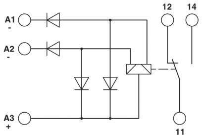 Dies ist ein elektrisches Schaltbild mit zwei Dioden, einem Relais und mehreren Anschlusspunkten, die verschiedene Kreisläufe verbinden.