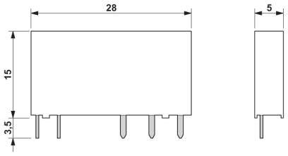 Technische Zeichnung eines rechteckigen Elektronikbauteils mit Maßen: Breite 28 mm, Höhe 15 mm, Tiefe 5 mm. Pinlänge 3,5 mm.