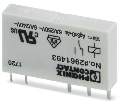 Elektronisches Bauteil mit Aufschrift 'PHOENIX CONTACT'. Zeigt Spezifikationen: 6A/240V, 18V DC. Rechteckige Form mit Metallpins unten.