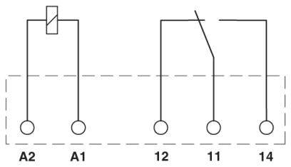 Schaltsymbol für ein Relais mit Spule an A1 und A2 und Kontakten an 11, 12 und 14.