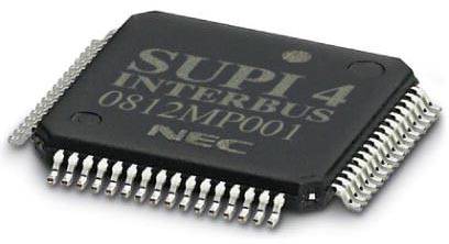 Ein Computerchip mit der Aufschrift 'SUPI 4 INTERBUS 0812MP001 NEC'. Detailreiche Ansicht eines Mikroprozessors mit Metallpins.