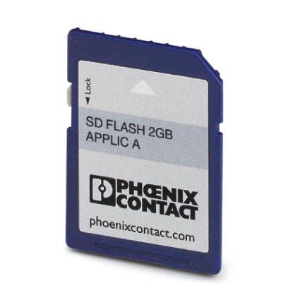 SD-Karte mit Aufschrift 'SD FLASH 2GB APPLIC A' und Logo von Phoenix Contact.