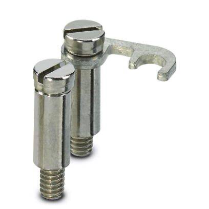 Zwei silberne Metallschrauben mit Schlitzen und zugehörigem Befestigungsclip, auf einer weißen Fläche liegend.