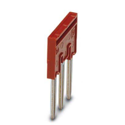 Dreipoliger roter Steckbrücker mit Metallstiften, verwendet zur elektrischen Verbindung von Leiterplatten.