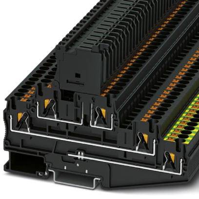 Ein schwarzer, gestapelter elektrischer Steckverbinder mit orangen und grünen Elementen, geeignet für industrielle Anwendungen.