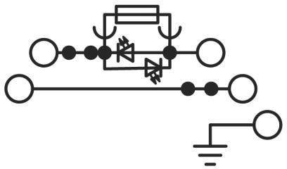 Schaltsymbol für einen Gleichrichter mit zwei Dioden, dargestellt zwischen zwei Leitungen. Eine weitere Leitung führt zur Erdung.