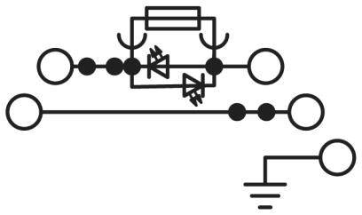 Elektronikschaltkreissymbol mit Dioden und Erdungssymbolen, zeigt Stromflussrichtung.