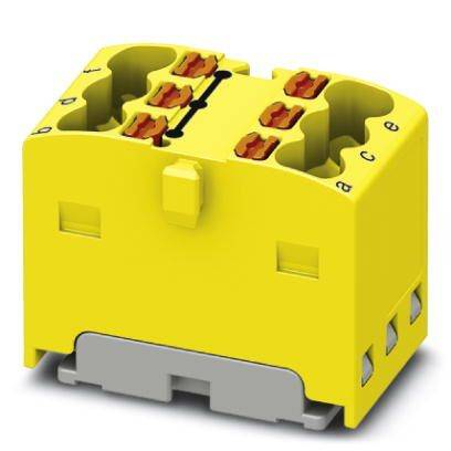 Gelber, rechteckiger elektrischer Steckverbinder mit sechs Anschlüssen, von 'a' bis 'e' gekennzeichnet, auf grauem Sockel.