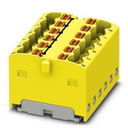 Gelber Steckverbinder mit mehreren Pins und Buchsen, für elektrische Verbindungen in industriellen Anwendungen geeignet.