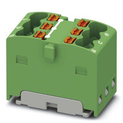 Grüner elektrischer Anschlussblock mit mehreren Anschlussklemmen, geeignet für industrielle elektrische Verbindungen und Schaltschränke.