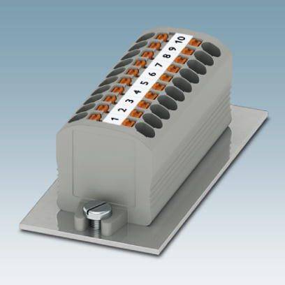 Ein Mehrleiter-Steckklemmenblock mit 10 nummerierten Klemmpunkten auf einer Metallplatte, geeignet für elektrische Verbindungen.
