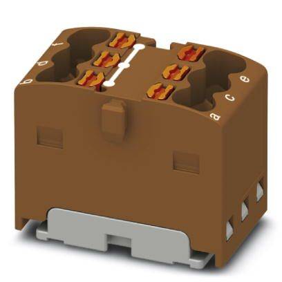 Brauner Steckanschlussblock für elektrische Verdrahtungen mit mehreren Anschlusspunkten und Klemmen, geeignet für DIN-Schienen.