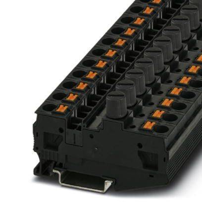 Ein schwarzer elektrischer Steckverbinder mit mehreren Anschlüssen und orangefarbenen Klemmen, zur Verwendung in Verteilerschränken.
