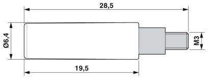 Technische Zeichnung eines rechteckigen Teils mit Maßen: Länge 28,5 mm, Breite 6,4 mm, M3-Schraubengewinde an einem Ende.