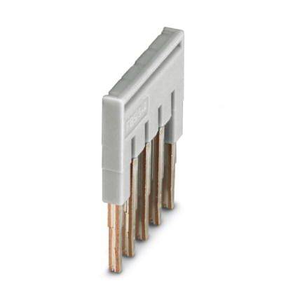 Kunststoffbrücke mit vier Metallstiften, verwendet in elektronischen Anwendungen zur Verbindung von Schaltungsmodulen oder Komponenten.
