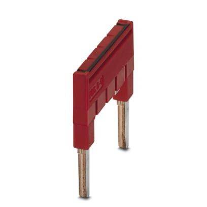 Roter elektrischer Brückenstecker mit zwei Metallstiften, verwendet zur Verbindung von Schaltkreisen auf Leiterplatten.