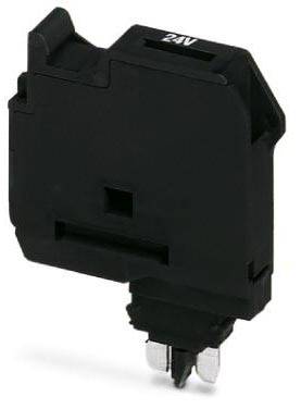 Ein schwarzes elektrisches Modul mit einem 24V-Aufdruck, wahrscheinlich ein Teil eines größeren elektrischen Systems oder Schalters.