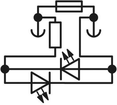 Diagramm mit elektrischen Schaltkreisen, zeigt zwei Dioden, eine Spule und mehrere Verbindungsleitungen, die kreisförmige Knotenpunkte verbinden.