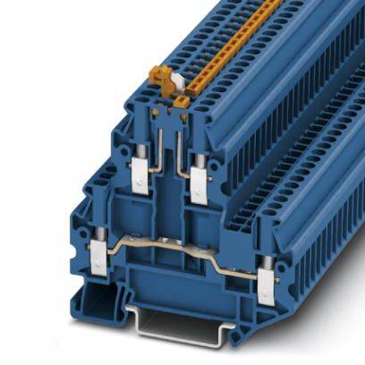 Ein blauer, mehrschichtiger Klemmenblock, der für die Verbindung elektrischer Drähte in industriellen Schalttafeln verwendet wird.