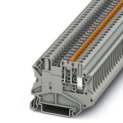 Klemmenblock in grauer Farbe mit orangefarbenem Leiter und mehreren Anschlussstellen, geeignet für elektrische Verdrahtung.