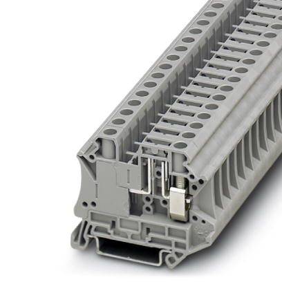 Graue Reihenklemme mit offenen Anschlüssen, geeignet zur Befestigung auf einer Schiene für elektrische Verdrahtungssysteme.