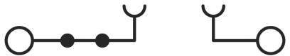 'Doppel-L-Symbol' mit Linien und Kreisen, die symmetrisch angeordnet sind. Links sind zwei Verbindungspunkte, rechts nur einer.