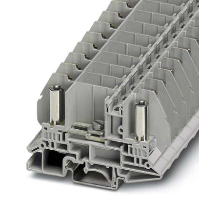 Ein grauer, modularer industrieller Steckverbinder mit zwei Metallstiften in einer Reihe von Öffnungen, geeignet für elektrische Anwendungen.