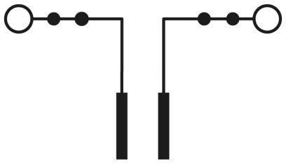 Zwei symmetrische ausrichtbare Antennen oder Schalter mit Kreisen, Linien und rechteckigen Enden, symbolisieren elektrische Verbindungen.