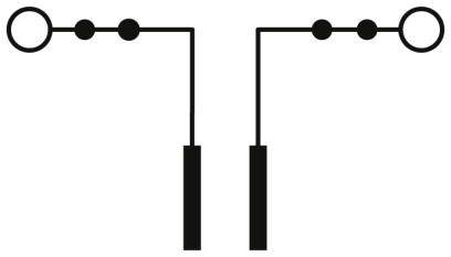 Zwei symmetrische Schaltpläne mit Kreis- und Linienformen, die miteinander verbunden sind. Die Hauptform ähnelt einem umgedrehten T.