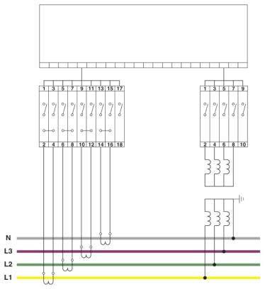 Schaltplan eines elektrischen Systems mit nummerierten Klemmen und farbcodierten Kabeln: Braun, Schwarz, Rot, Blau, Gelb-Grün.