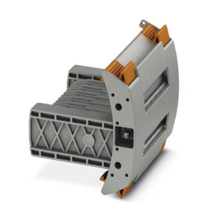 Ein graues technisches Bauteil mit orangenen Klemmen und einer gerippten Struktur, möglicherweise ein elektrischer Anschlussblock.