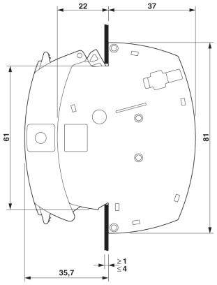Technische Zeichnung eines elektrischen Geräts mit Abmessungen: 81 x 61 mm, Anschlussdetails und Positionierung der Befestigungspunkte.