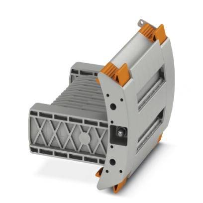 Elektronisches Bauteil mit grauem Gehäuse und orangen Akzenten, bestehend aus zwei parallelen Reihen von Anschlüssen, seitlich abgebildet.