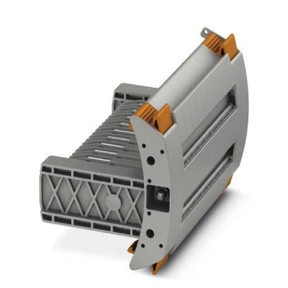 Ein graues, rechteckiges Kunststoffteil mit orangenen Clip-Verschlüssen, vermutlich ein Bauteil für industrielle Anwendungen oder Montage.