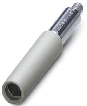 Ein Metallzylinder mit einem längeren weißen Griffstück. Möglicherweise ein Ersatzteil oder Werkzeugaufsatz.