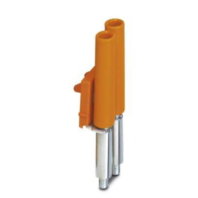 Ein orangefarbener Steckverbinder mit zwei Metallstiften, geeignet für elektrische Verbindungen.