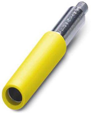 Ein gelber, zylindrischer Stangenaufsatz mit einem metallischen Schraubansatz an einem Ende, möglicherweise Teil eines Werkzeugs oder Zubehörs.