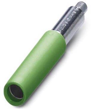 Grüner Handgriff mit silbernem Gewindeaufsatz, verwendet für Werkzeuge oder Geräte.